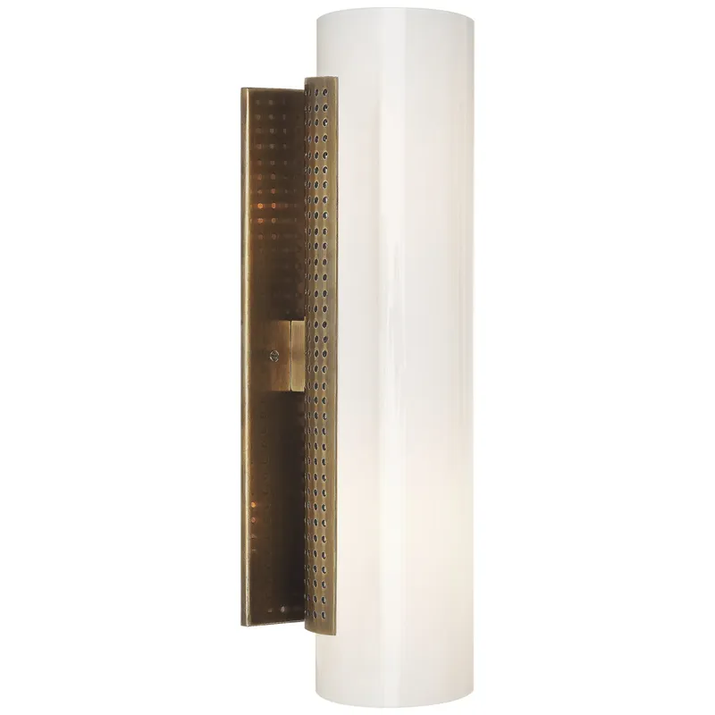 Kelly Wearstler Precision Cylinder Sconce in Antique-Burnished Brass with White Glass Wall Light W4" x H14"