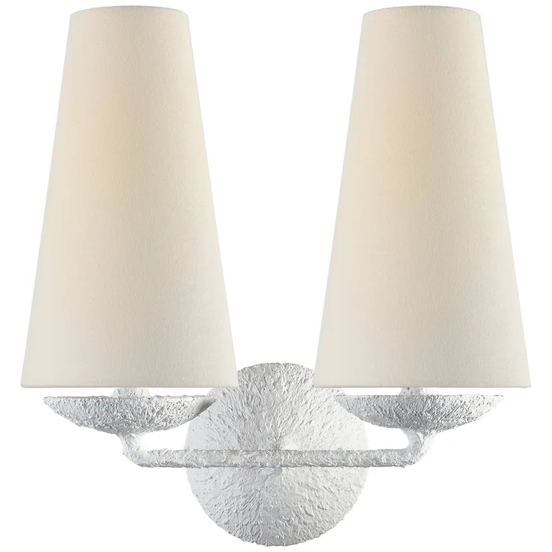 AERIN Fontaine Double Sconce in Plaster with Linen Shades Wall Light W13.25" x H14.25"