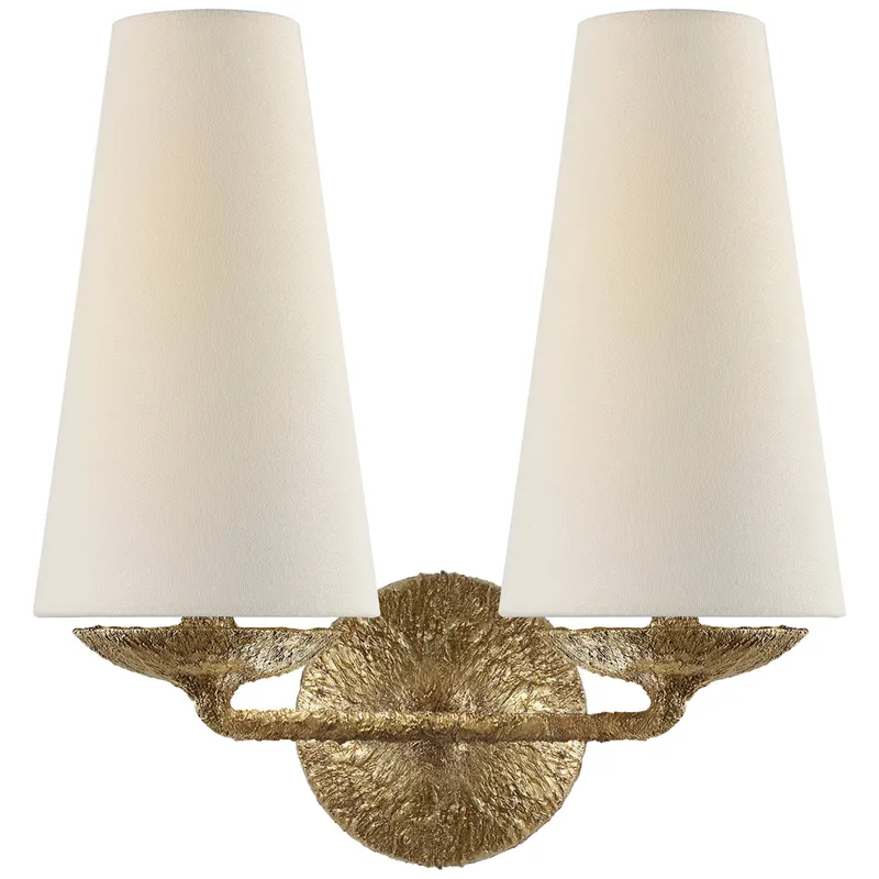 AERIN Fontaine Double Sconce in Gilded Plaster with Linen Shades Wall Light W13.25" x H14.25"