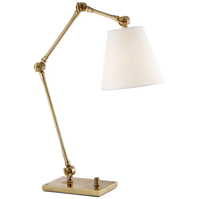 Suzanne Kasler Graves Task Lamp in Hand-Rubbed Antique Brass with Linen Shade Table Lamp W8" x H18.25" - 28.75"