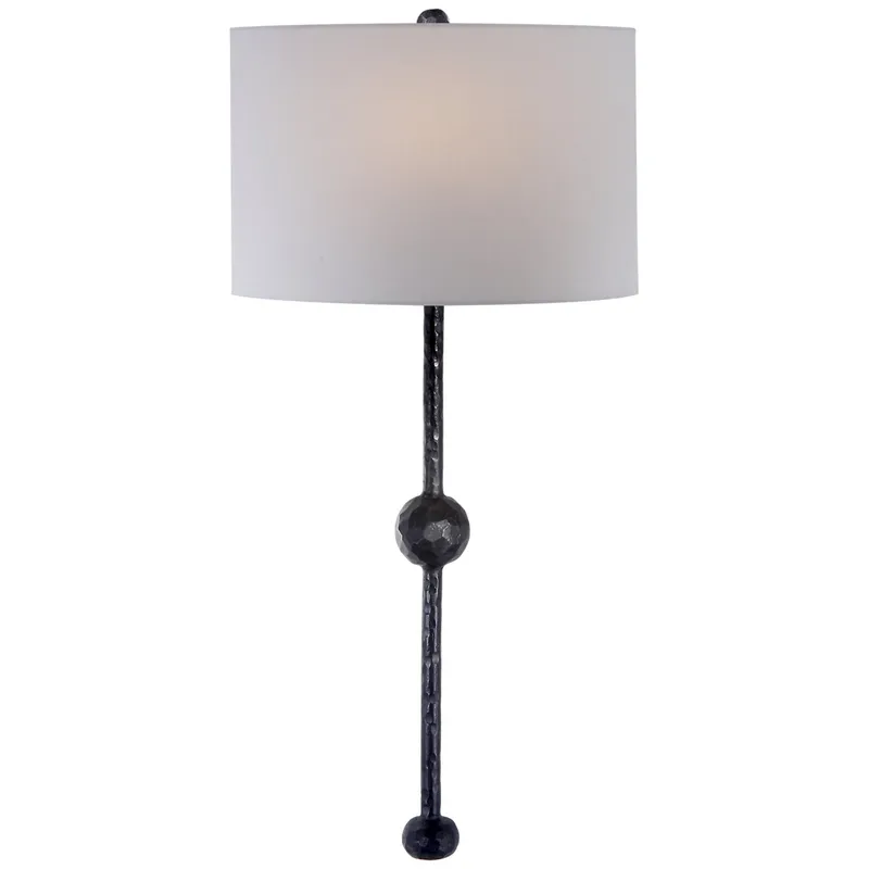Suzanne Kasler Carey Rail Sconce in Aged Iron with Linen Shade Wall Light W14.5" x H31"