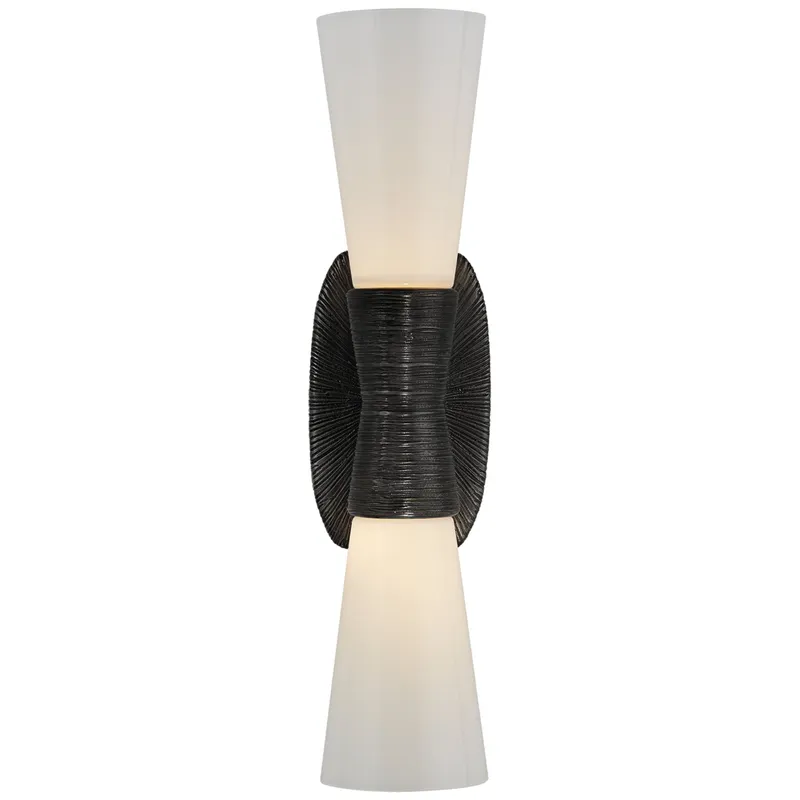 Kelly Wearstler Utopia Small Double Bath Sconce in Aged Iron with White Glass Wall Light W4.5" x H18"