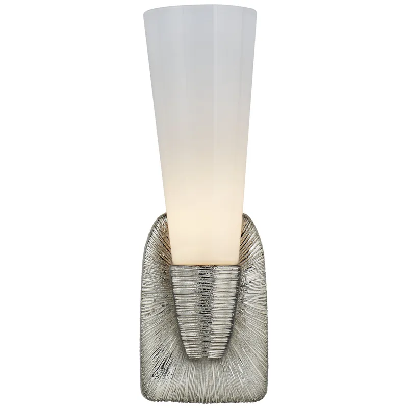 Kelly Wearstler Utopia Small Single Bath Sconce in Polished Nickel with White Glass Wall Light W4.75" x H14"