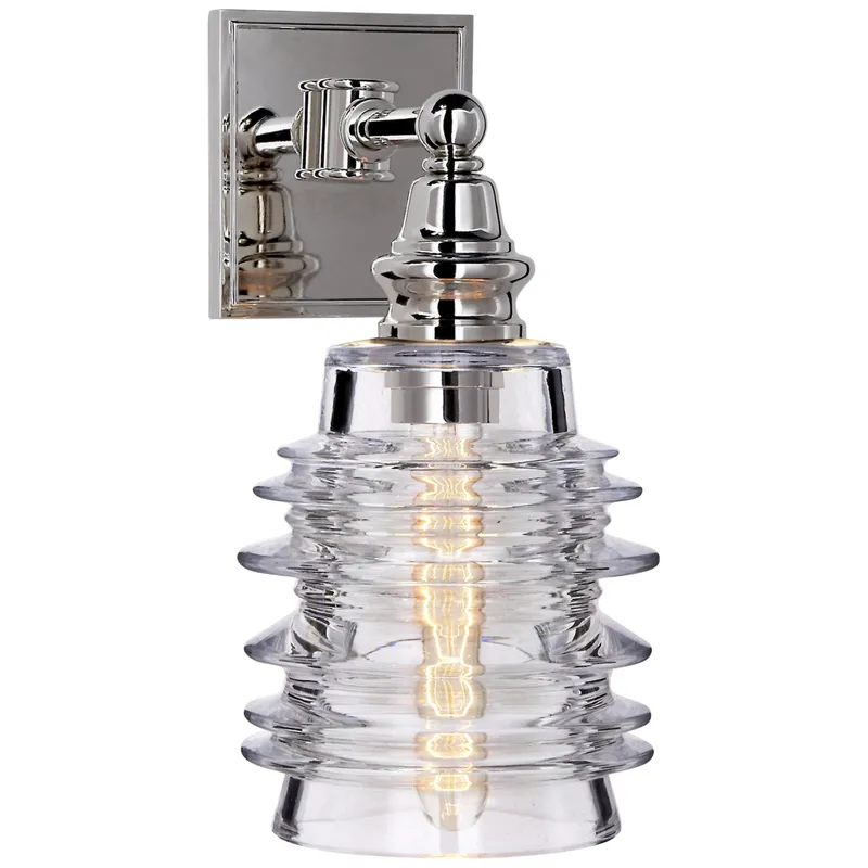 Chapman & Myers Covington Sconce in Polished Nickel with Clear Ribbed Wide Glass Wall Light W6.5" x H12.75"