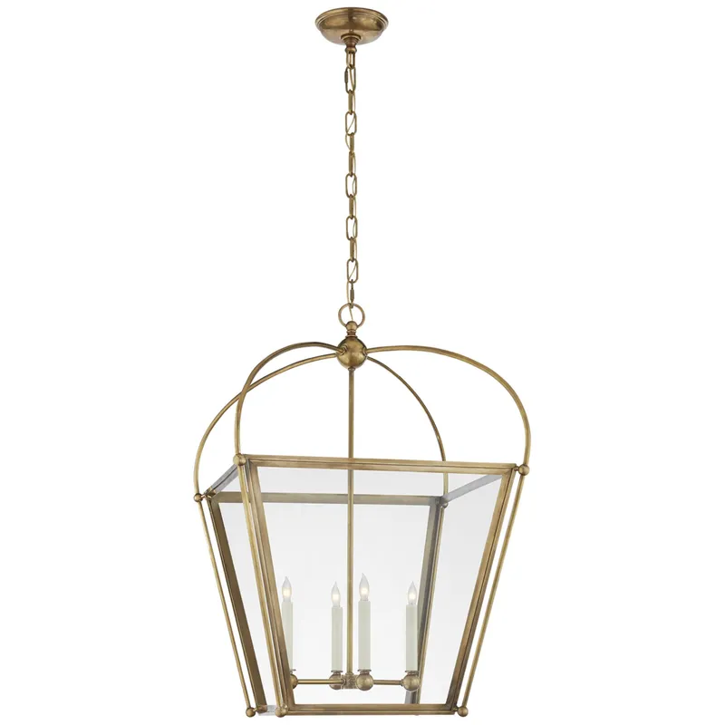 Chapman & Myers Riverside Medium Square Lantern in Antique-Burnished Brass with Clear Glass Ceiling Light W21" x H31"