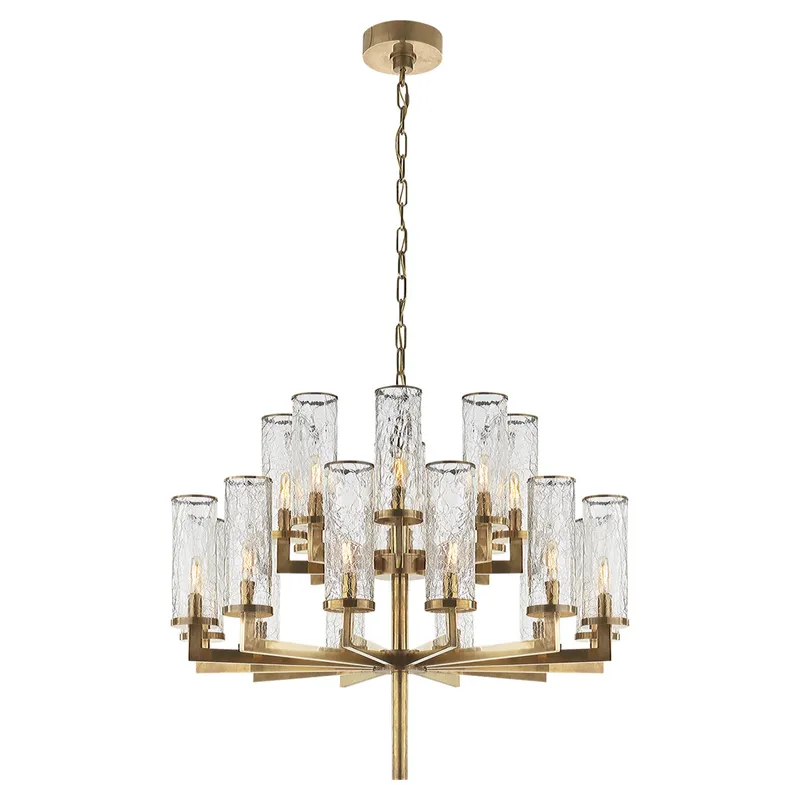 Kelly Wearstler Liaison Double Tier Chandelier in Antique-Burnished Brass with Crackle Glass Ceiling Light W34"