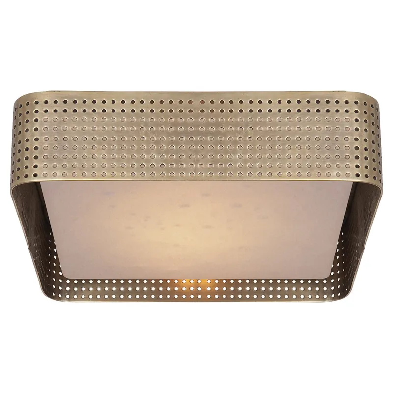 Kelly Wearstler Precision Large Square Flush Mount in Antique-Burnished Brass with Clouded Glass Ceiling Light W12.5" x H3.5"