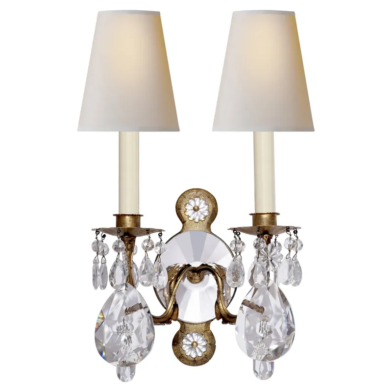 Thomas O'Brien Yves Crystal Double Arm Sconce in Gilded Iron and Crystal with Natural Percale Shades Wall Light W11.5" x H19"