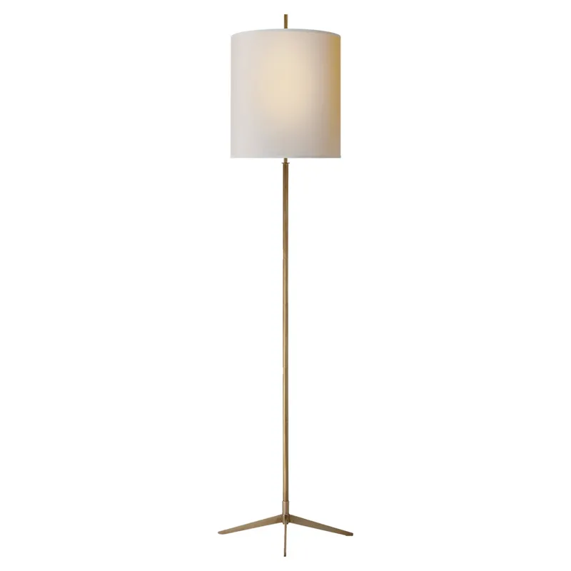 Thomas O'Brien Caron Floor Lamp in Hand-Rubbed Antique Brass with Natural Paper Shade W16" x H67.5"