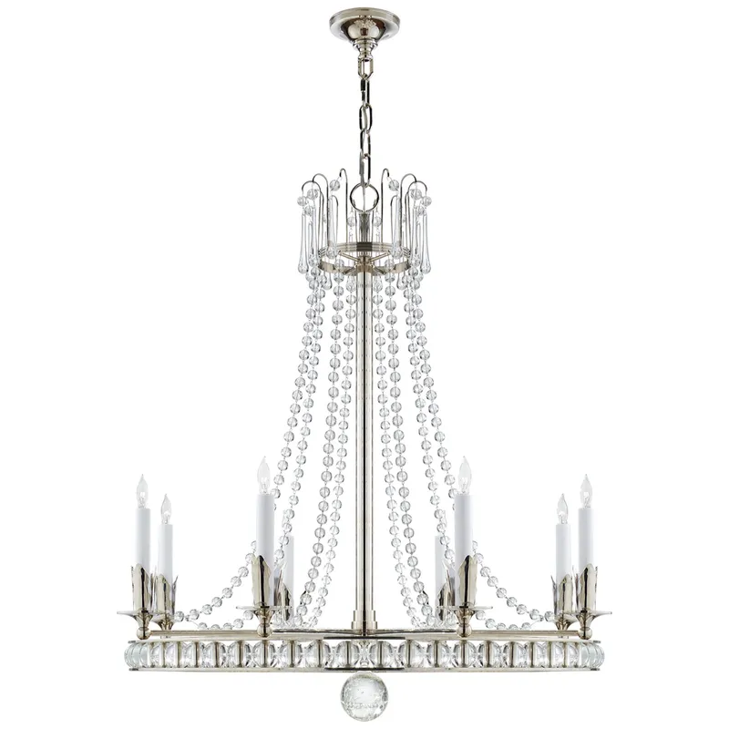 Joe Nye Regency Large Chandelier in Polished Nickel with Seeded Glass Ceiling Light W31"