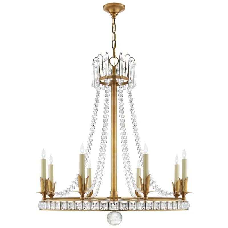 Joe Nye Regency Large Chandelier in Hand-Rubbed Antique Brass with Seeded Glass Ceiling Light W31"