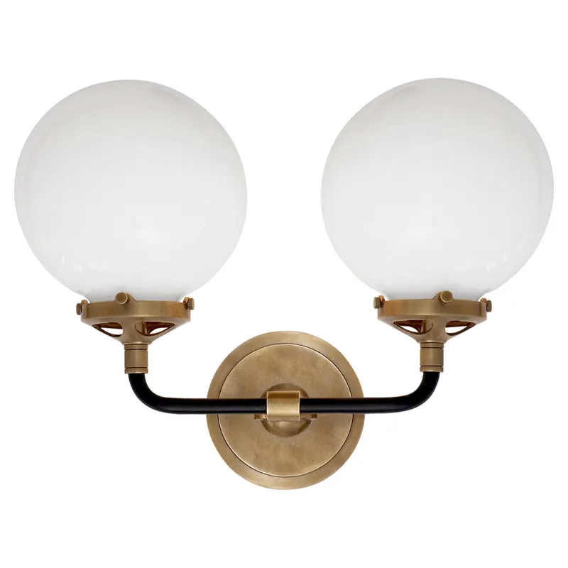 Ian K. Fowler Bistro Double Light Curved Sconce in Hand-Rubbed Antique Brass and Black with White Glass Wall Light W14" x H10.75"