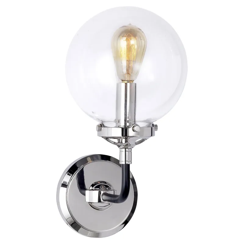 Ian K. Fowler Bistro Single Light Sconce in Polished Nickel and Black with Clear Glass Wall Light W6" x H11.75"