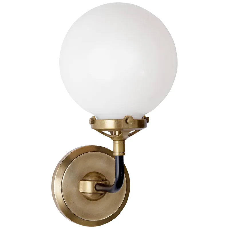 Ian K. Fowler Bistro Single Light Sconce in Hand-Rubbed Antique Brass and Black with White Glass Wall Light W6" x H11.75"