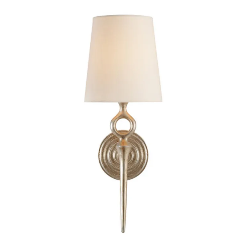 AERIN Bristol Single Sconce in Burnished Silver Leaf with Linen Shade Wall Light W7" x H18"