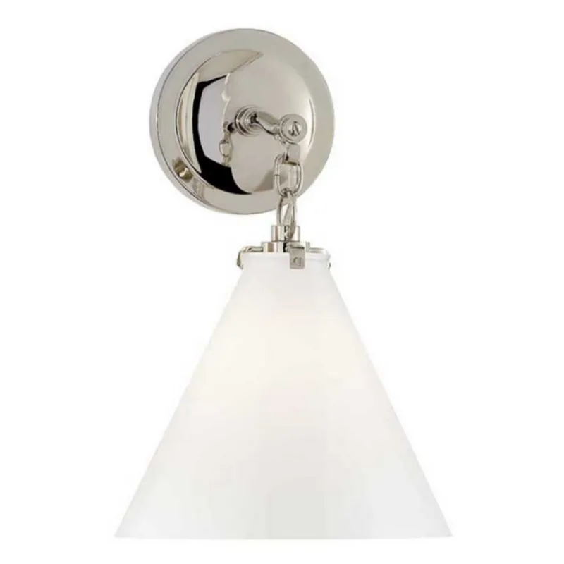 Thomas O'Brien Katie Small Conical Sconce in Polished Nickel with White Glass Wall Light W9.25" x H14.5"