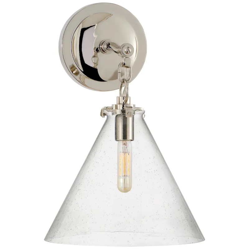 Thomas O'Brien Katie Small Conical Sconce in Polished Nickel with Seeded Glass Wall Light W9.25" x H14.5"