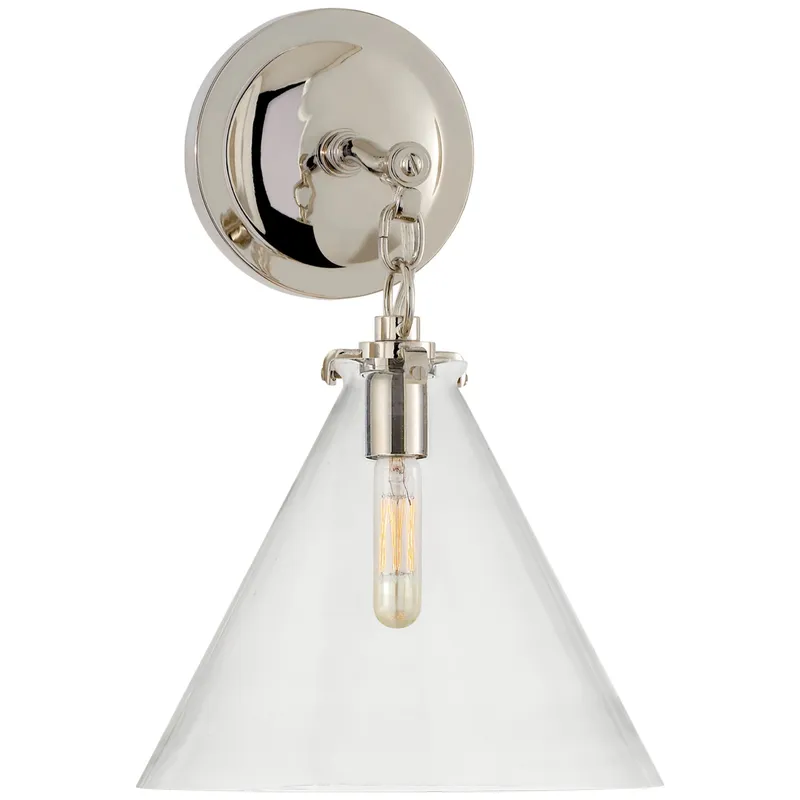 Thomas O'Brien Katie Small Conical Sconce in Polished Nickel with Clear Glass Wall Light W9.25" x H14.5"