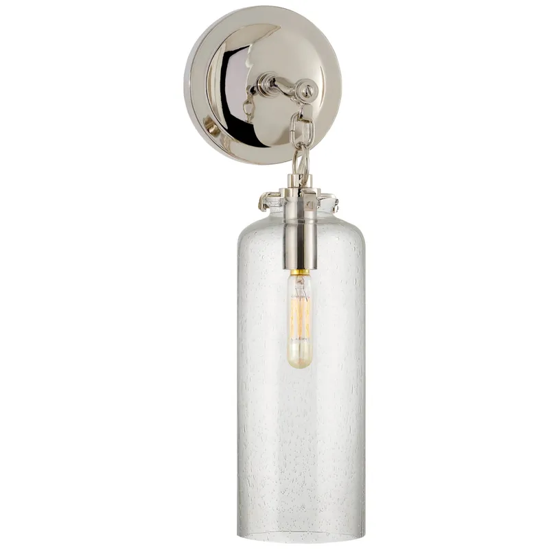 Thomas O'Brien Katie Small Cylinder Sconce in Polished Nickel with Seeded Glass Wall Light W5" x H16.25"