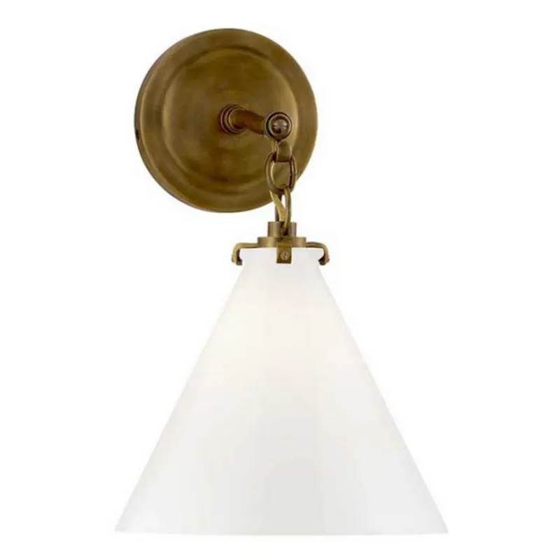 Thomas O'Brien Katie Small Conical Sconce in Hand-Rubbed Antique Brass with White Glass Wall Light W9.25" x H14.5"