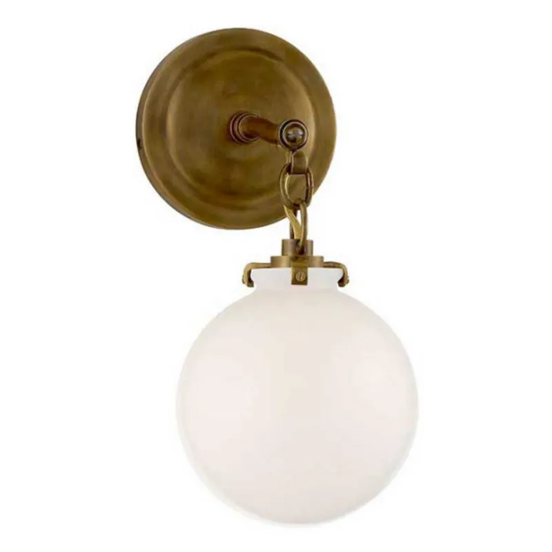Thomas O'Brien Katie Small Globe Sconce in Hand-Rubbed Antique Brass with White Glass Wall Light W6.25" x H12.75"