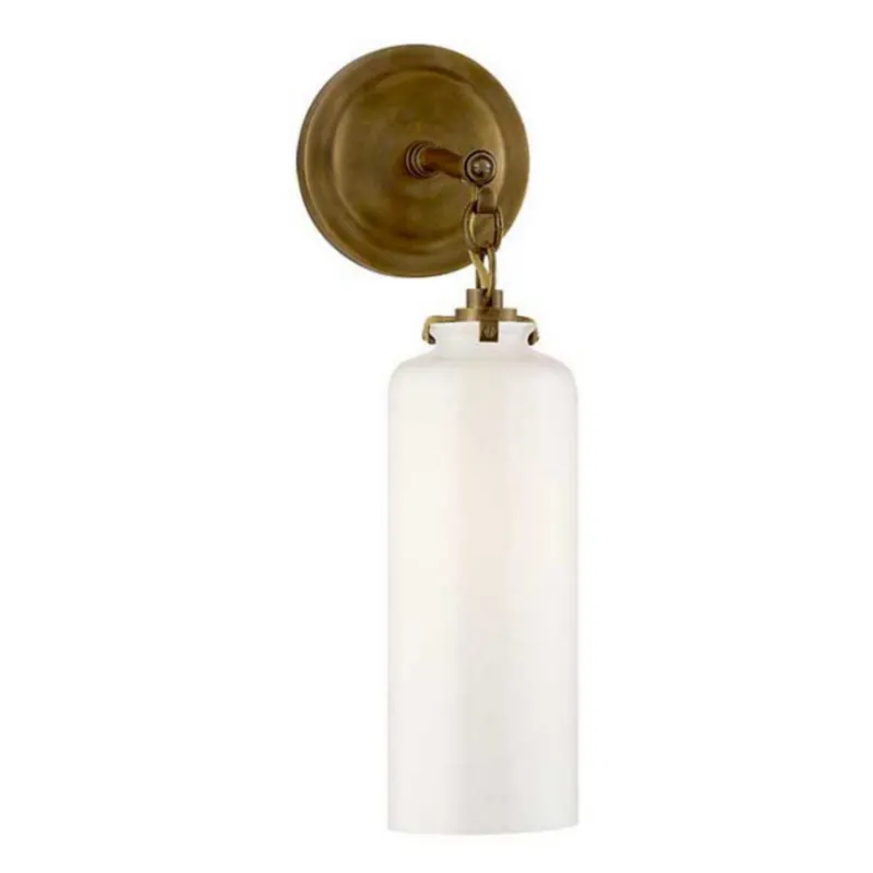 Thomas O'Brien Katie Small Cylinder Sconce in Hand-Rubbed Antique Brass with White Glass Wall Light W5" x H16.25"