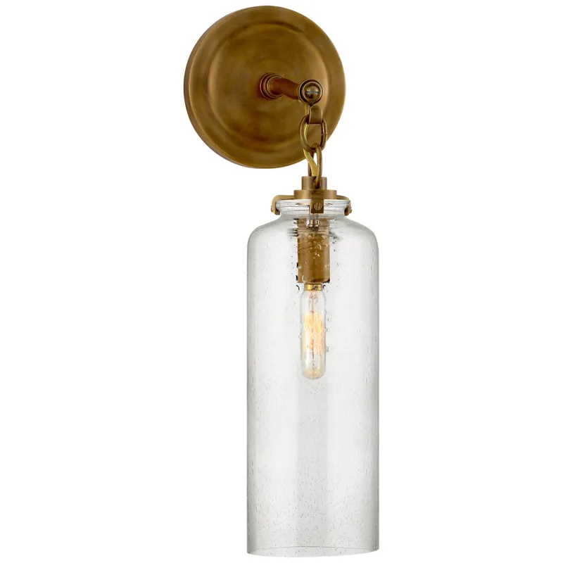 Thomas O'Brien Katie Small Cylinder Sconce in Hand-Rubbed Antique Brass with Seeded Glass Wall Light W5" x H16.25"