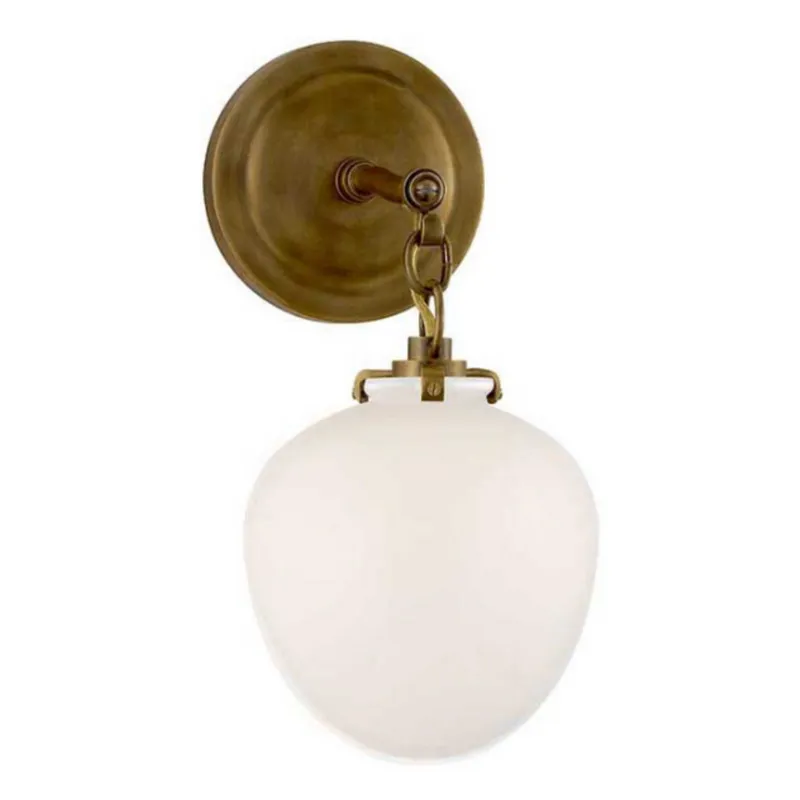 Thomas O'Brien Katie Small Acorn Sconce in Hand-Rubbed Antique Brass with White Glass Wall Light W6.5" x H13.5"