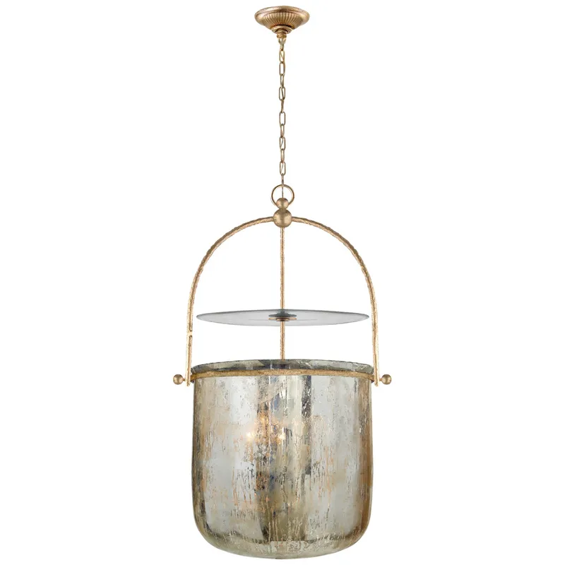 Chapman & Myers Lorford Smoke Bell Lantern in Gilded Iron with Mercury Glass Ceiling Light W20"