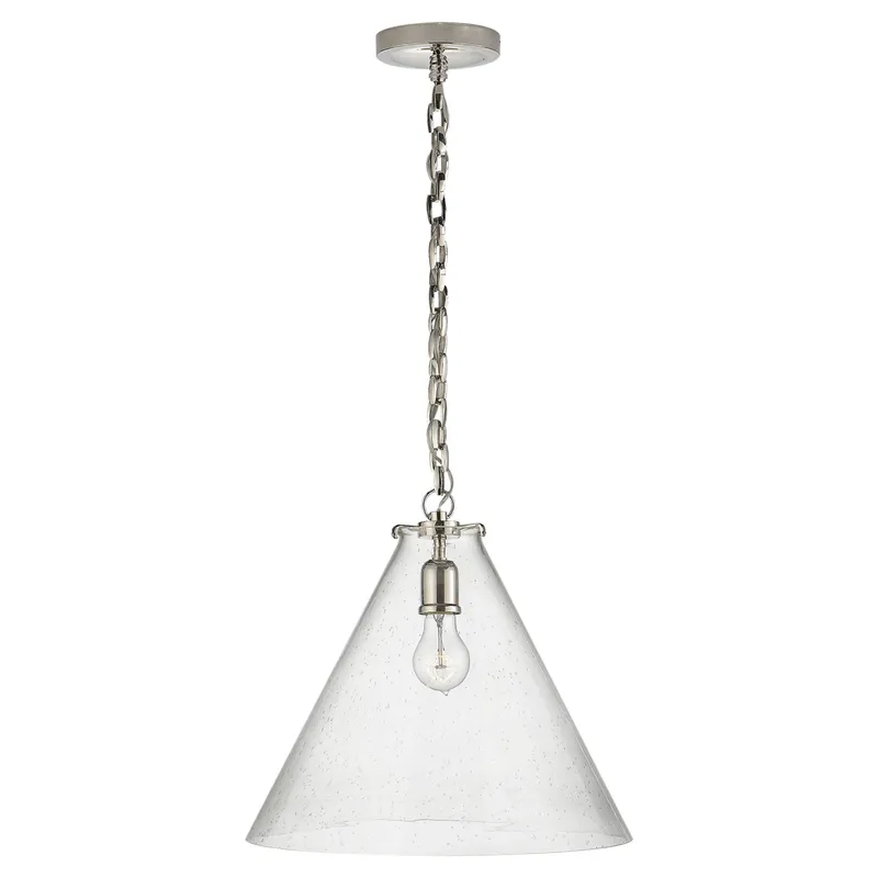 Thomas O'Brien Katie Conical Pendant in Polished Nickel with Seeded Glass Ceiling Light W15.75" x H14.75"