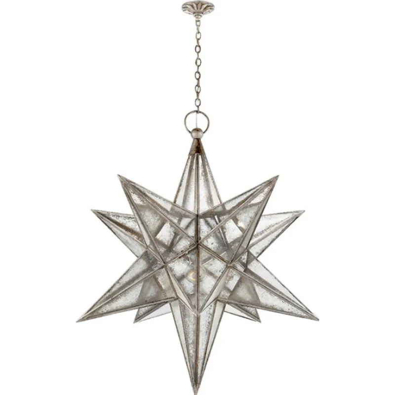 Chapman & Myers Moravian XL Star Lantern in Burnished Silver Leaf with Antique Mirror Ceiling Light W48" x H52.25"