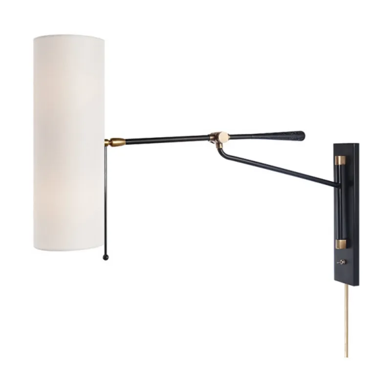 AERIN Frankfort Articulating Wall Light in Black and Hand-Rubbed Antique Brass Accents with Linen Shade W5.5" x H22.5"