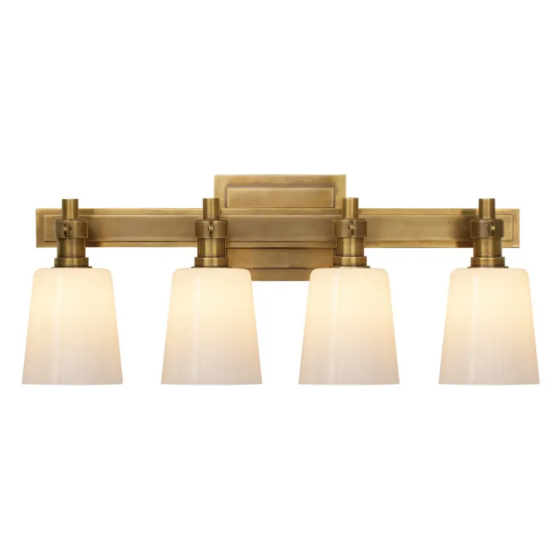 Thomas O'Brien Bryant Four-Light Bath Sconce in Hand-Rubbed Antique Brass with White Glass Wall Light W19.5" x H8"
