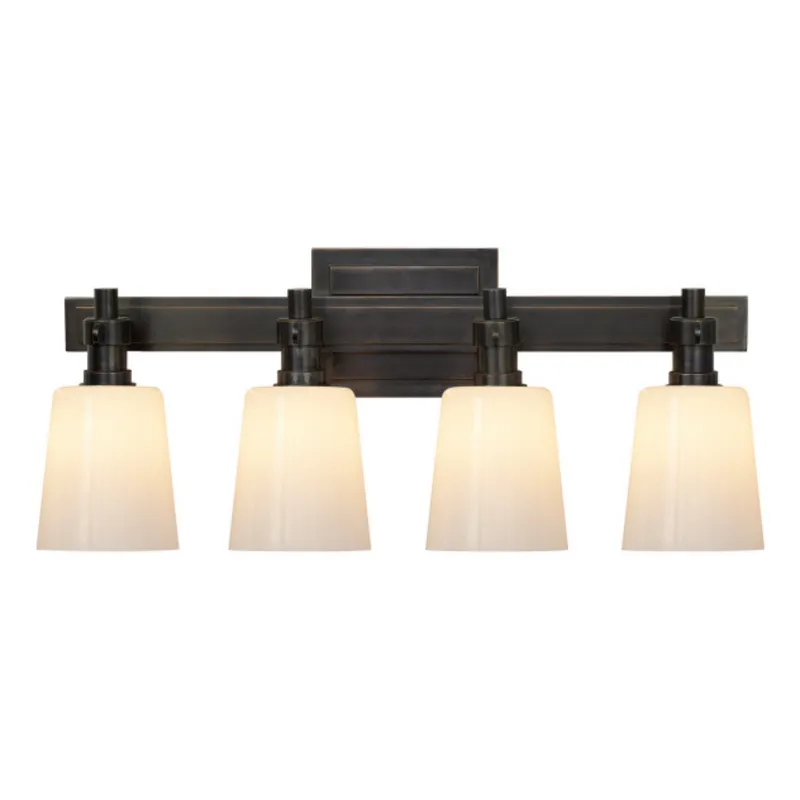 Thomas O'Brien Bryant Four-Light Bath Sconce in Bronze with White Glass Wall Light W19.5" x H8"