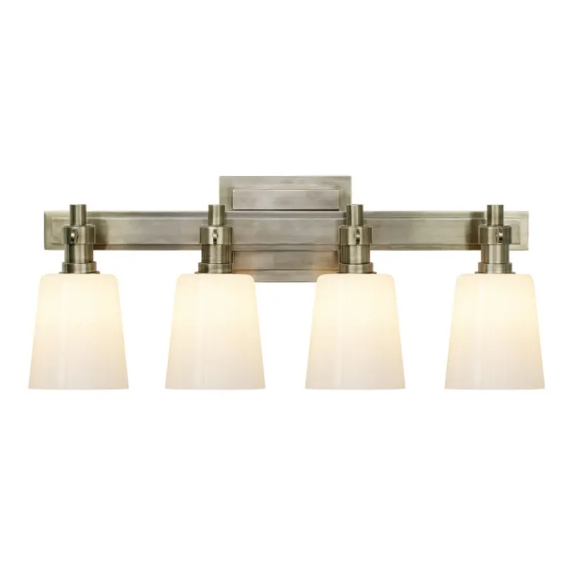 Thomas O'Brien Bryant Four-Light Bath Sconce in Antique Nickel with White Glass Wall Light W19.5" x H8"