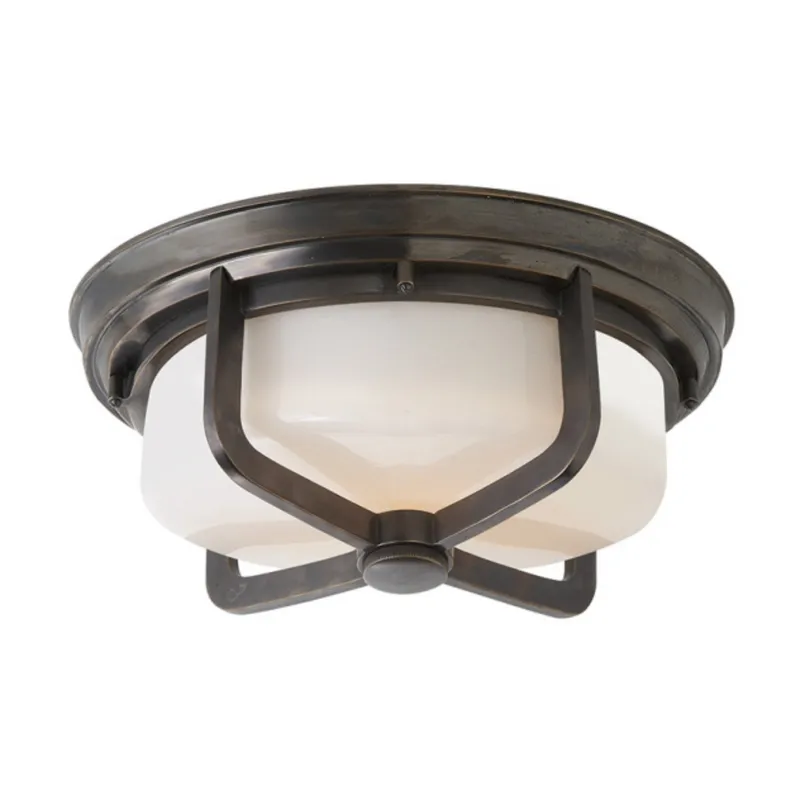 Thomas O'Brien Milton Large Flush Mount in Bronze with White Glass Ceiling Light W14.5" x H6"