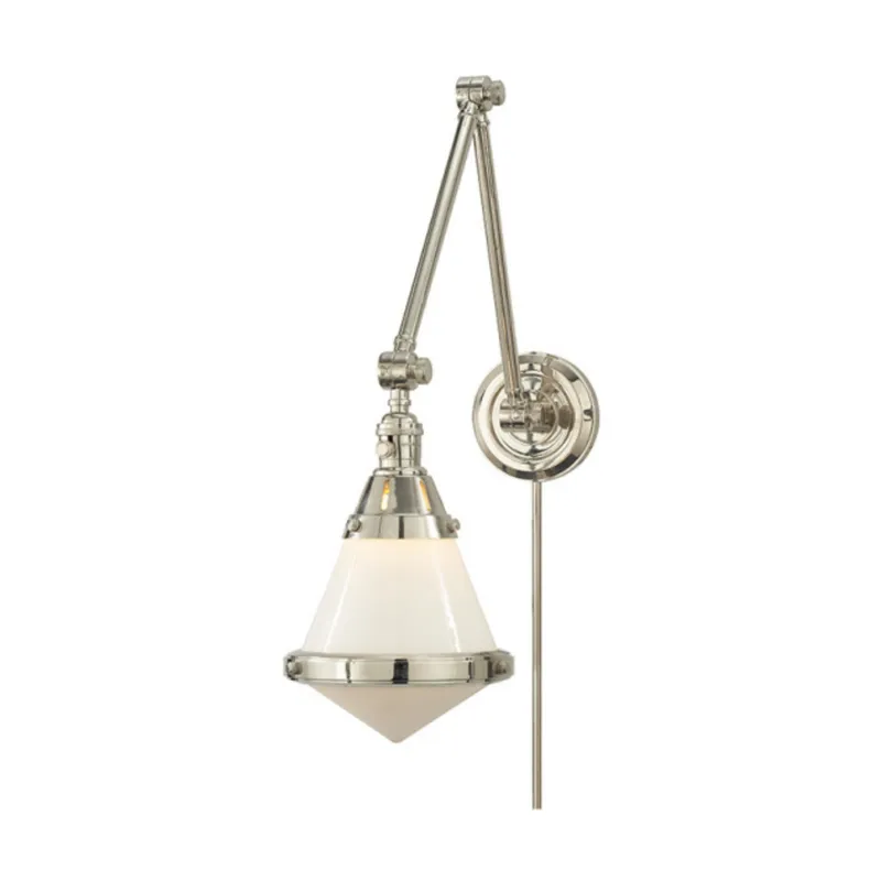 Thomas O'Brien Gale Library Wall Light in Polished Nickel with White Glass W7.5" x H21.5"