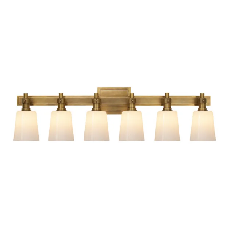 Thomas O'Brien Bryant Six-Light Linear Bath Sconce in Hand-Rubbed Antique Brass with White Glass Wall Light W29" x H8"