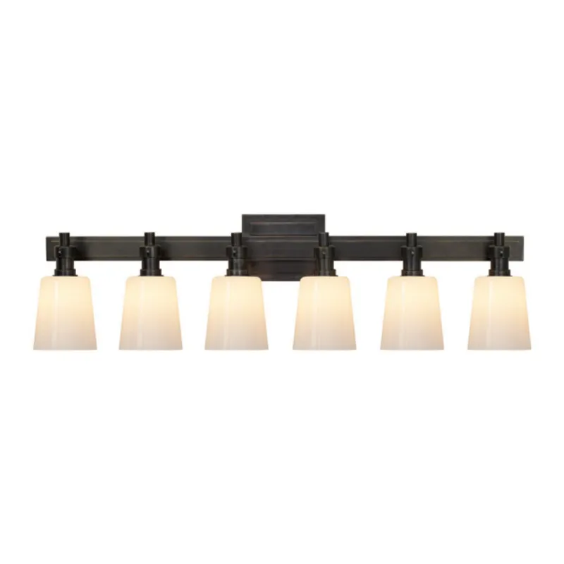 Thomas O'Brien Bryant Six-Light Linear Bath Sconce in Bronze with White Glass Wall Light W29" x H8"