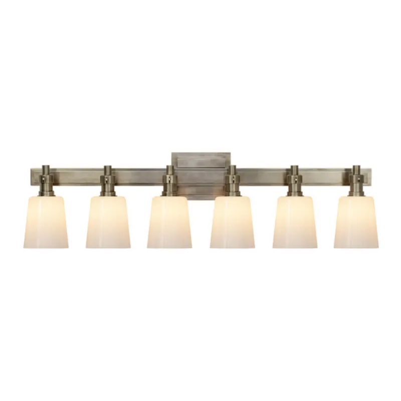 Thomas O'Brien Bryant Six-Light Linear Bath Sconce in Antique Nickel with White Glass Wall Light W29" x H8"