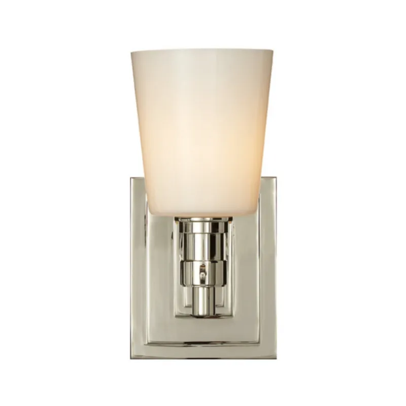 Thomas O'Brien Bryant Single Bath Sconce in Polished Nickel with White Glass Wall Light W4" x H8"