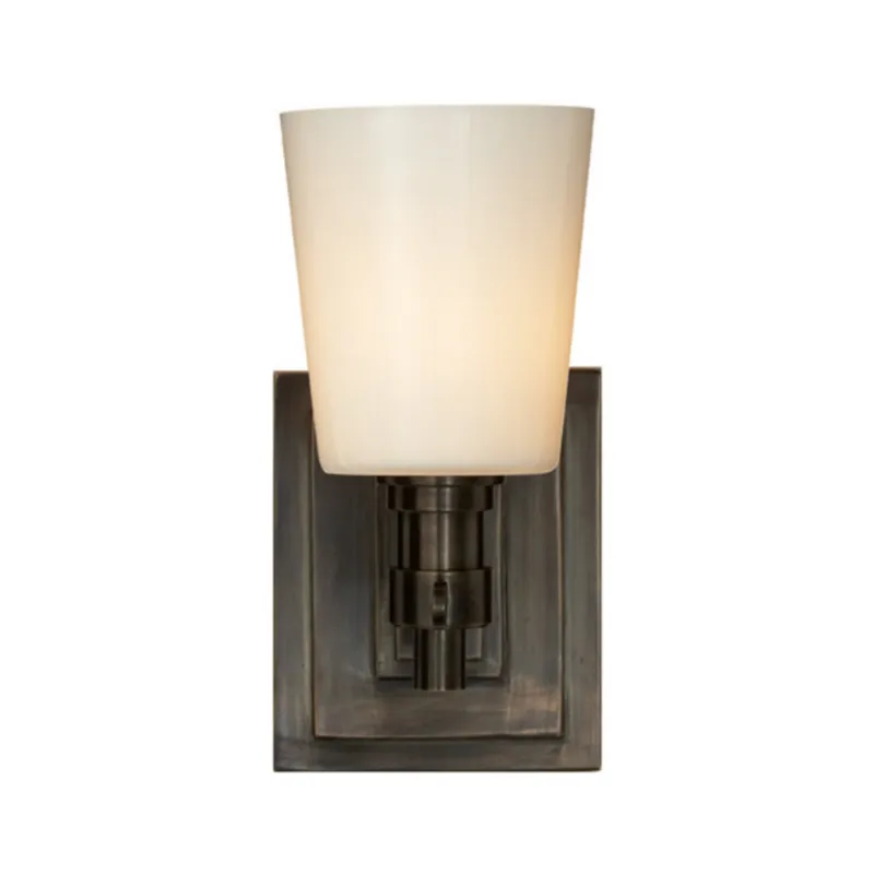 Thomas O'Brien Bryant Single Bath Sconce in Bronze with White Glass Wall Light W4" x H8"