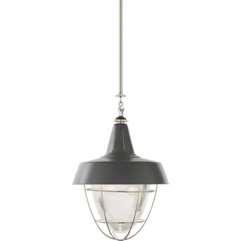 Thomas O'Brien Henry Industrial Hanging Light in Polished Nickel and Green Shade with Industrial Prismatic Glass Ceiling Light W18"