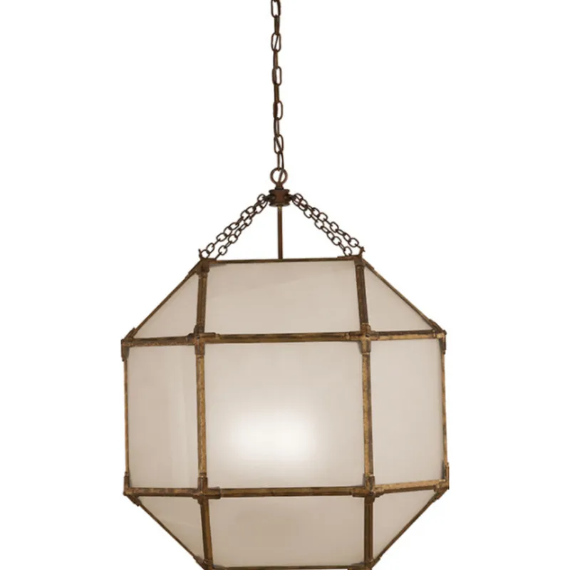 Suzanne Kasler Morris Large Lantern in Gilded Iron with Frosted Glass Ceiling Light W23.25" x H30.25"