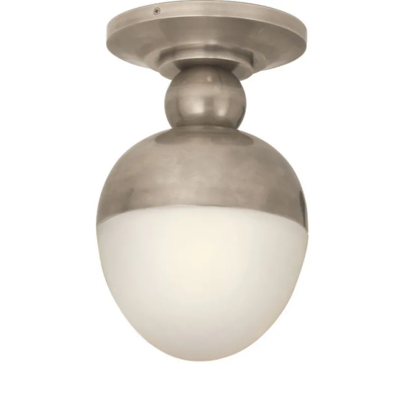 Thomas O'Brien Clark Flush Mount in Antique Nickel with White Glass Ceiling Light W7.5" x H12.75"