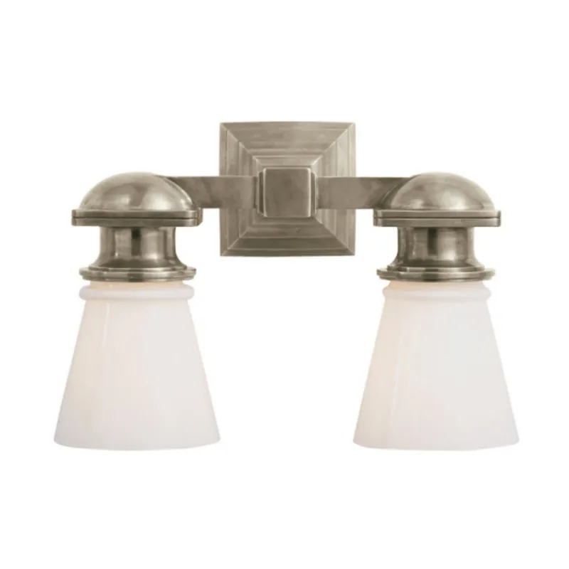 Chapman & Myers New York Subway Double Light in Antique Nickel with White Glass Wall Light W14" x H9.75"