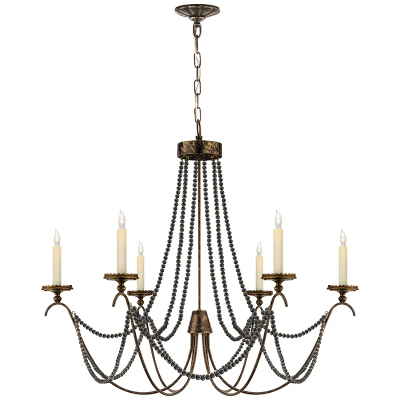 Chapman & Myers Marigot Medium Chandelier in Rust and Antique-Burnished Brass with Tudor Brown Beaded Trim Ceiling Light W33" x H30"