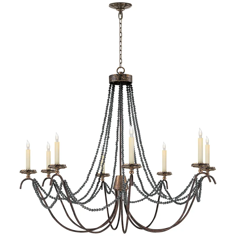 Chapman & Myers Marigot Large Chandelier in Rust and Antique-Burnished Brass with Tudor Brown Beaded Trim Ceiling Light W44" x H36"