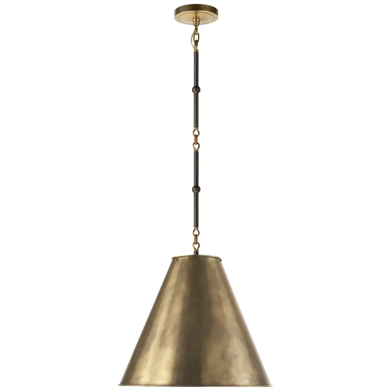 Thomas O'Brien Goodman Small Hanging Light in Bronze and Hand-Rubbed Antique Brass with Hand-Rubbed Antique Brass Shade Ceiling Light W15"