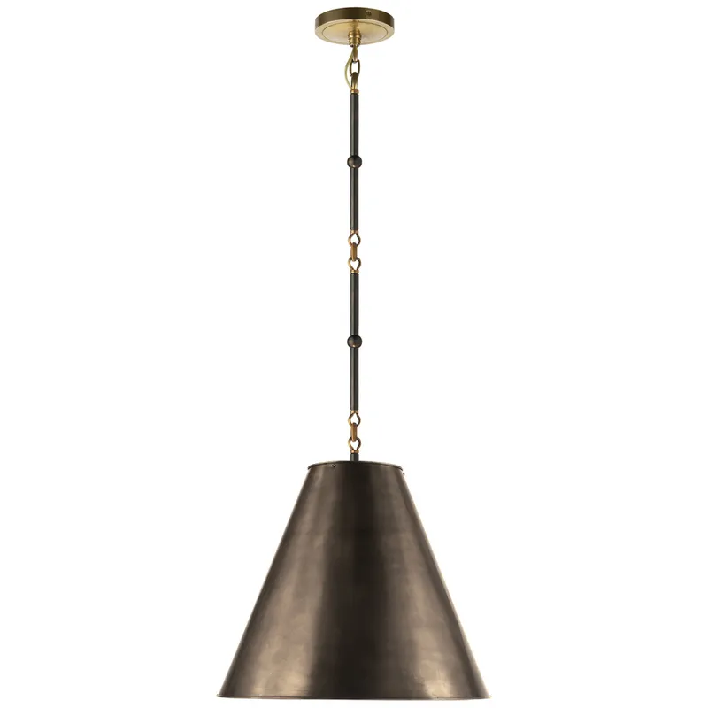 Thomas O'Brien Goodman Small Hanging Light in Bronze and Hand-Rubbed Antique Brass with Bronze Shade Ceiling Light W15"